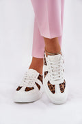 baskets femme basses blanc cuir similicuir léopard brun noir motif empiècements textile semelle plateforme épaisse caoutchouc confortable tendance