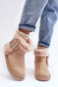 Bottes de neige modernes pour femmes en suédine beige fourrure intérieure semelle caoutchouc strass déco occasion hiver