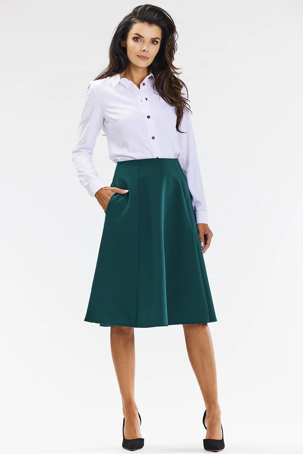 Jupe midi évasée élégante couleur verte émeraude高 waist poches polyester mode femme occasionnels formels