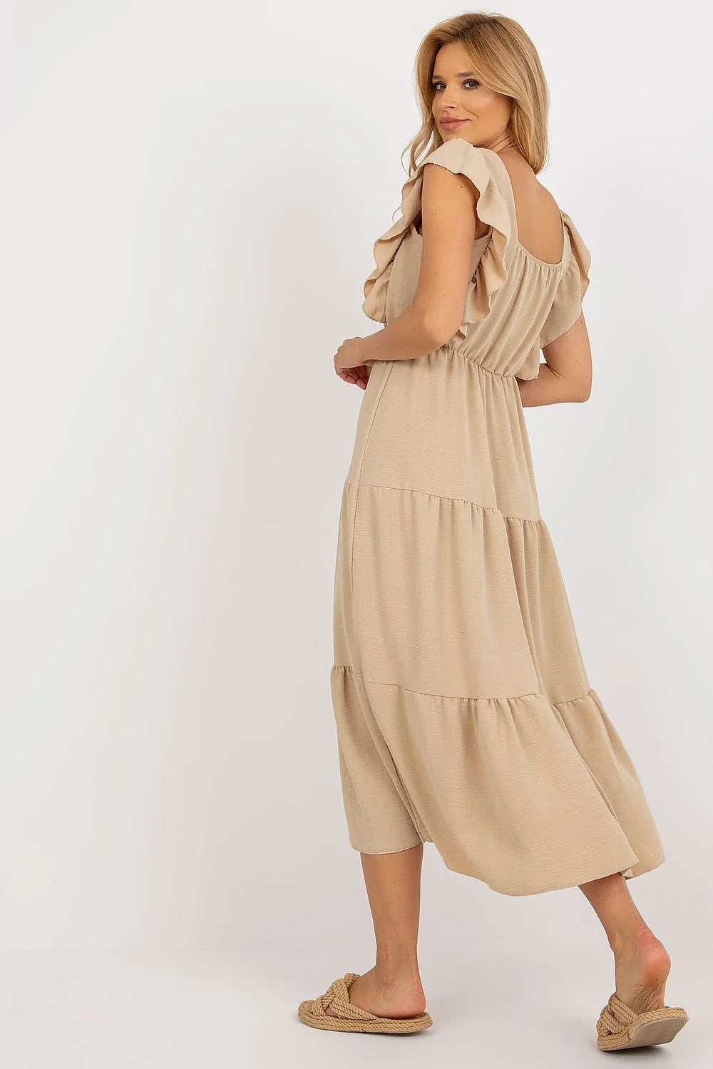 Robe de jour Italy Moda longue sans manches encolure carrée matière légère polyester élasthanne couleur beige femmes occasion été