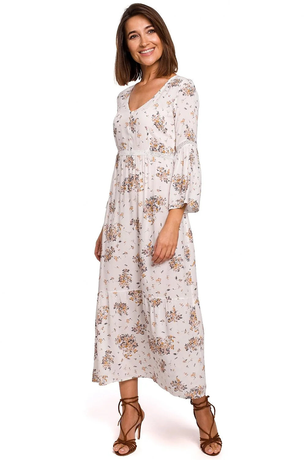 Robe bohème romantique manches longues dentelle fleurs bleu marine femme taille ajustable polyester viscose