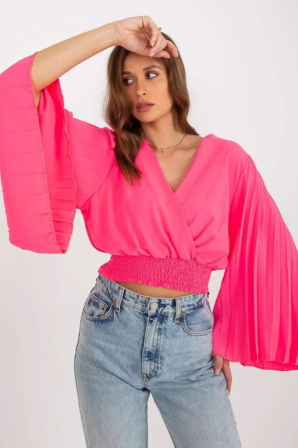 Chemisier femme mode élégant moderne cache-cœur manches longues plissées taille smockée rose vif polyester elasthanne