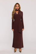 robe longue maxi soirée femme marron chocolat jersey extensible coupe ajustée manches longues encolure V foulard écharpe intégré