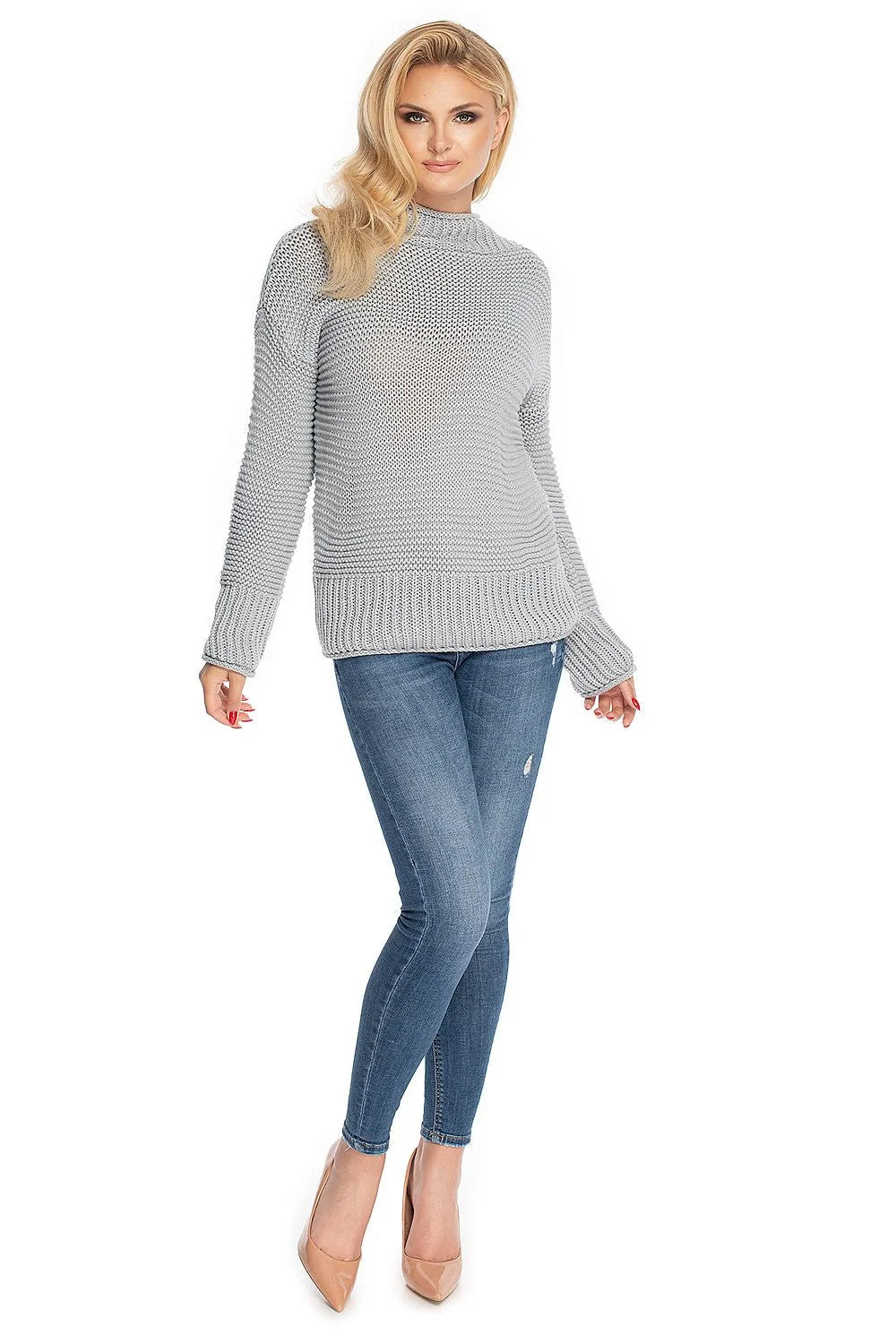 Pull en maille femme col roulé manches amples beige clair tricot épais côtelé qualité supérieure