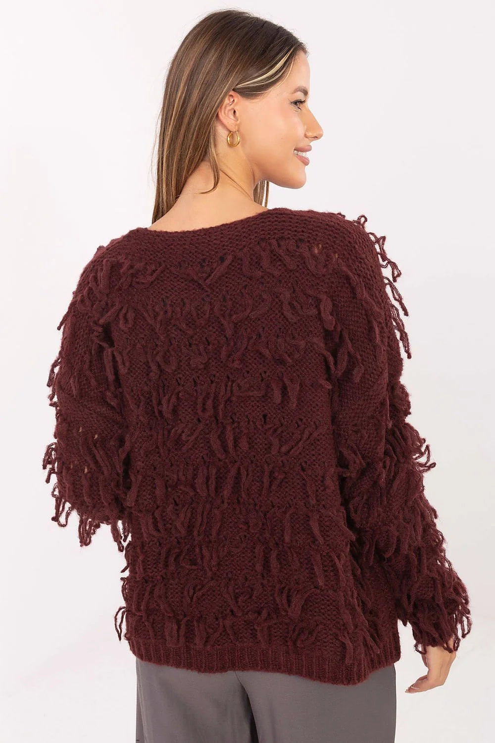 cardigan femme oversize bordeaux maille épaisse duveteuse bouclée shaggy franges moelleuse mancheslongues colV ouvert tailleunique automne hiver