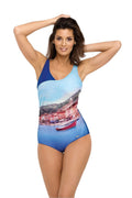 Maillot de bain une pièce lycra moderne estival imprimé paysage confortable pour femme plage mode