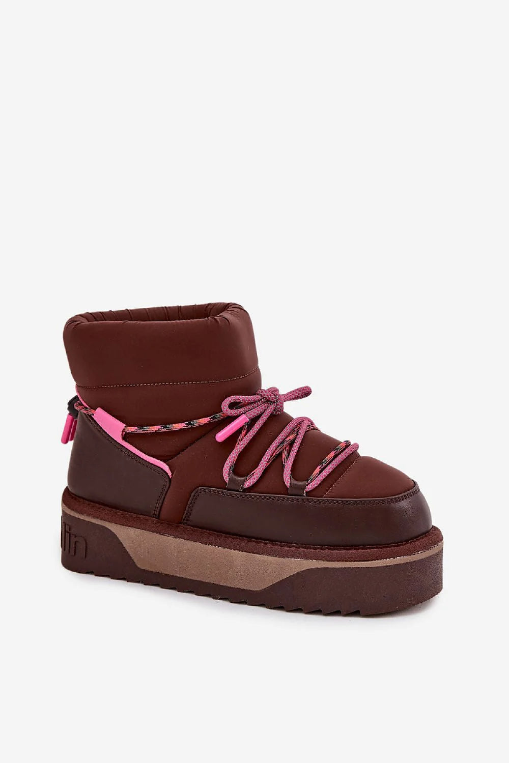 bottes neige femme DFranklin montantes matelassée marron foncé similicuir lacets bicolores semelle plateforme épaisse crantée antidérapante fourrure doublée thermique