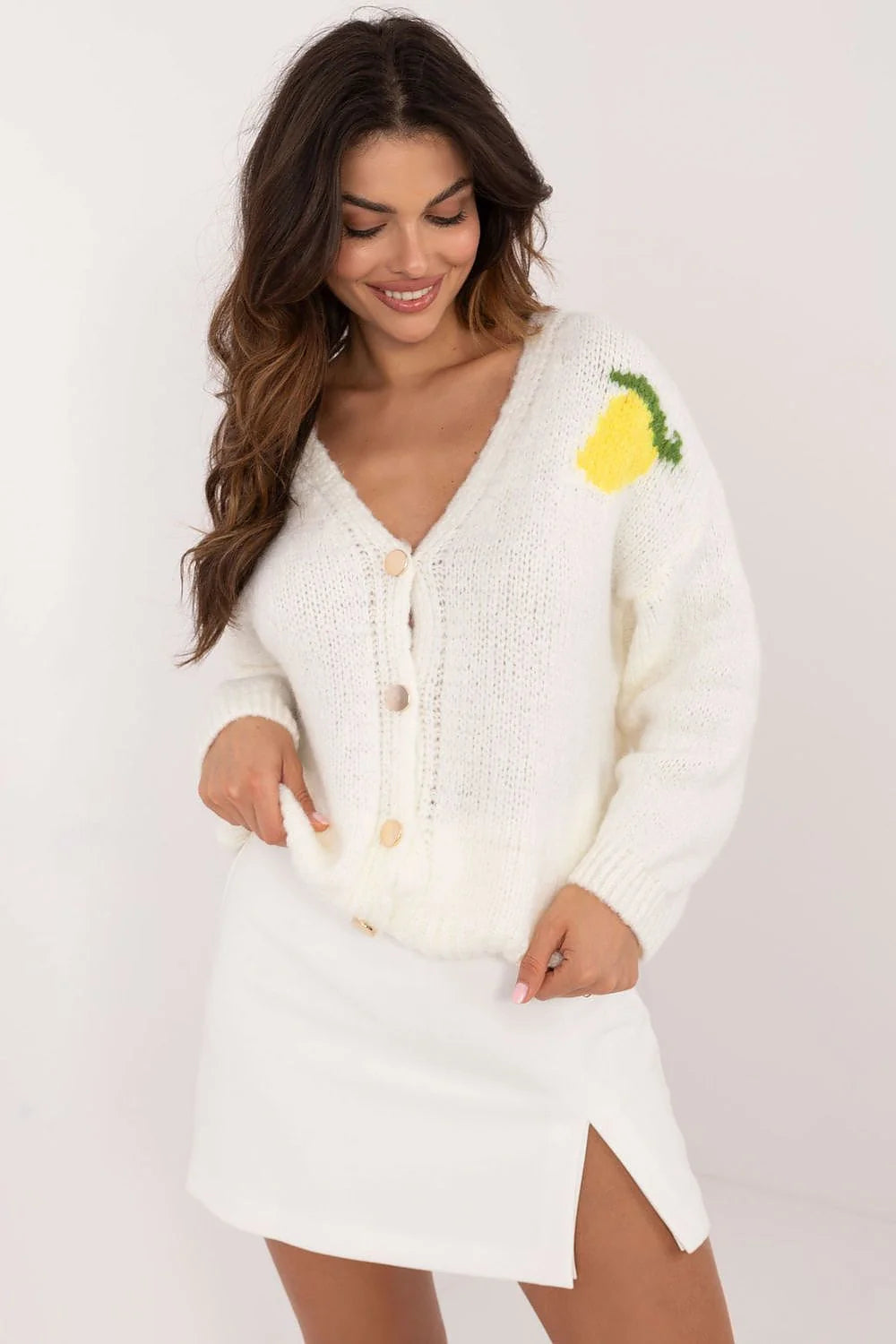 Ensemble cardigan et jupe mode Italie pour femme style casual chic longueur standard manches longues encolure V couleur crème