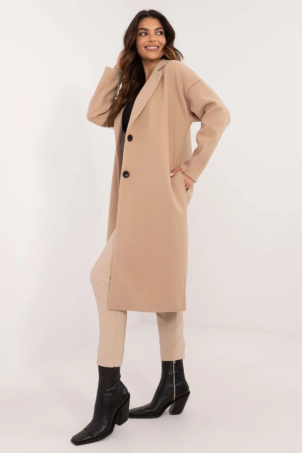 Manteau Och Bella longue pour femme design minimaliste élégant couleur beige clair laine doublure fermeture boutonnée épaules tombantes manches longues coupe droite automne-hiver