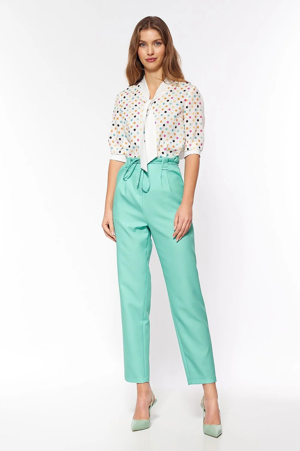 Pantalon femme crêpe bleu vif élégant taille haute ceinture nouée chic pour soirée