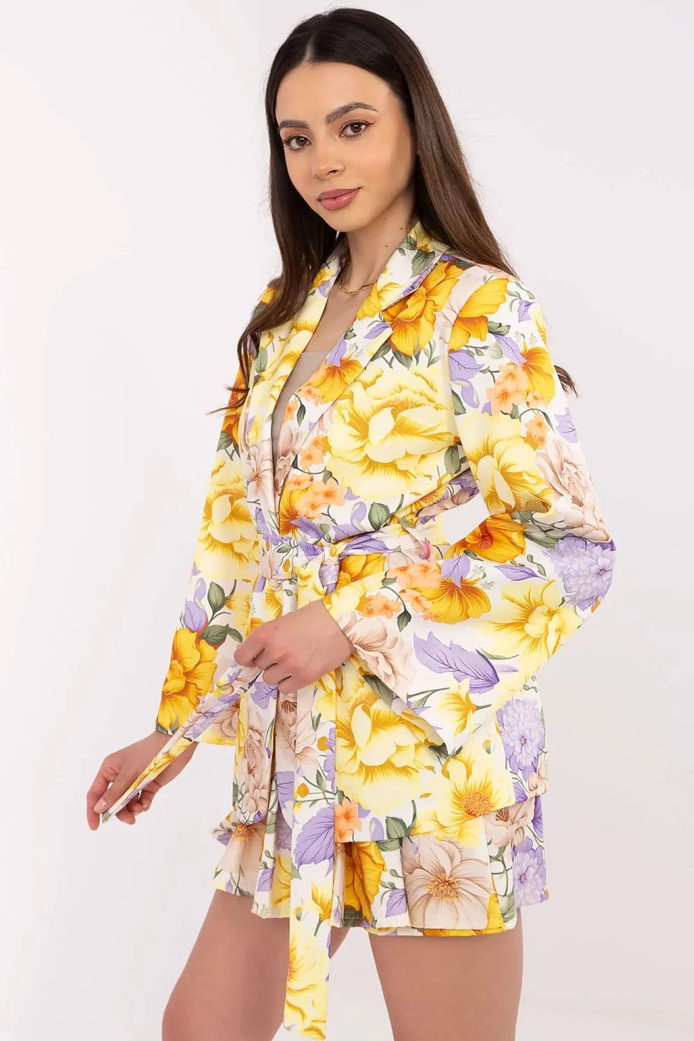 Ensemble deux pièces floral femme blazer jupe short tube été été motif fleuri jaune lilas orange