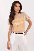 T-shirt femme moderne élégant motif papillon doré coton élasthanne coupe classique manches courtes col rond
