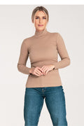 Col roulé femme en coton élégant ajusté beige taupe longues manches style sophistiqué vêtement polyvalent