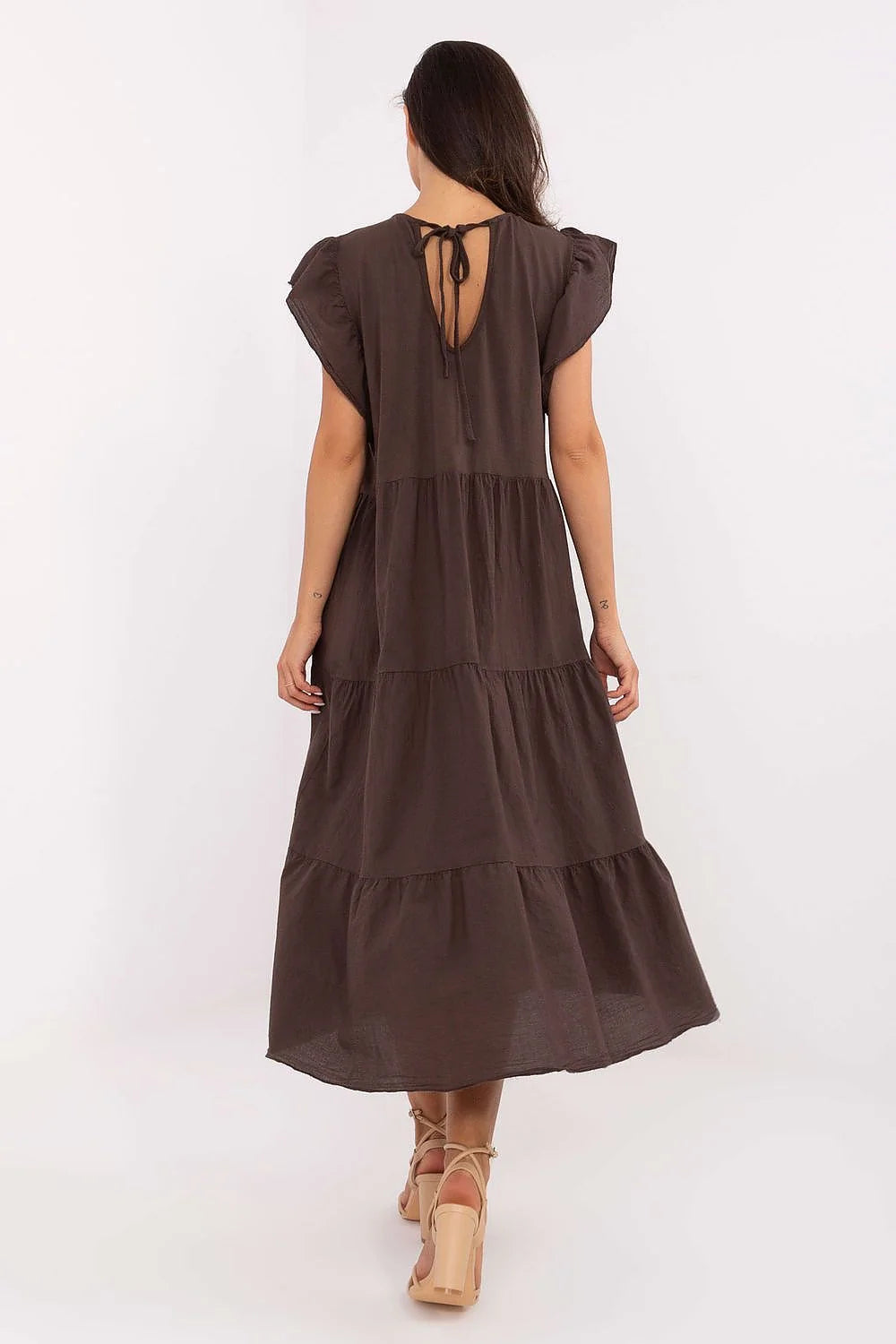 Robe bohème longue en coton manches courtes volants dos lacing couleur marron foncé femme