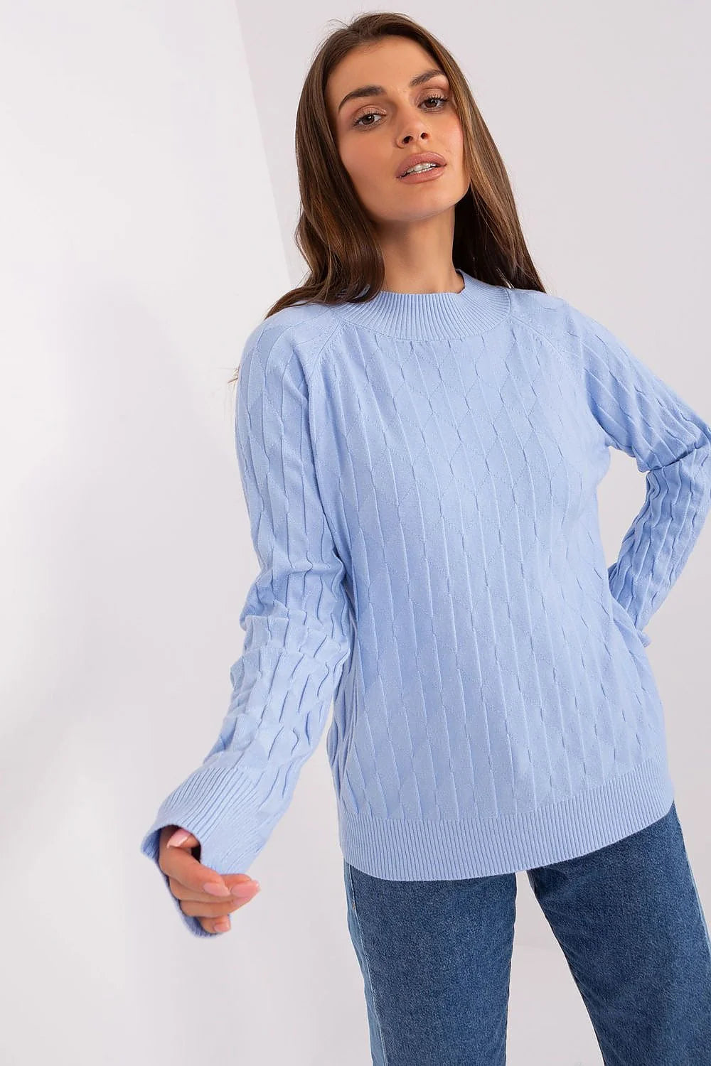 Pull femme manches longues en tricot texture torsadée bleu pâle encolure ronde ajusté confort durable