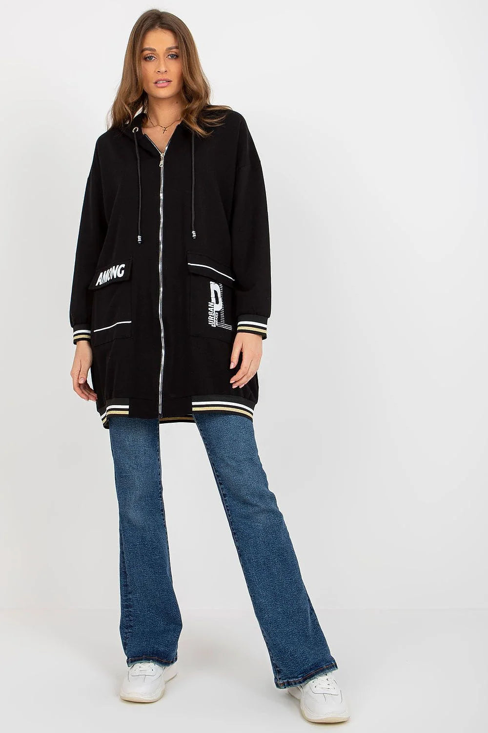 Sweatshirt Relevance pour femme, oversized, design urbain moderne, manches longues, fermeture éclair intégrale, poches grandes, coton élasthanne, tailles S/M-L/XL