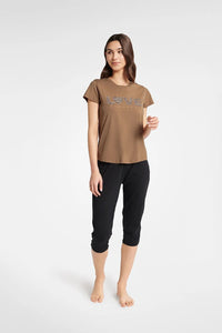 Henderson pyjama deux pieces coton tshirt manches courtes caramel imprime love effet leopard pantacourt noir taille elastique maille stretch confort