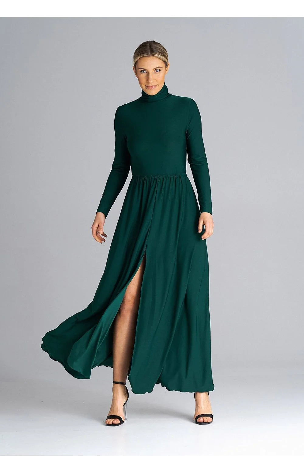 Robe de jour élégante longue manches longues col montant fente frontale vert profond polyester elasthanne femmes