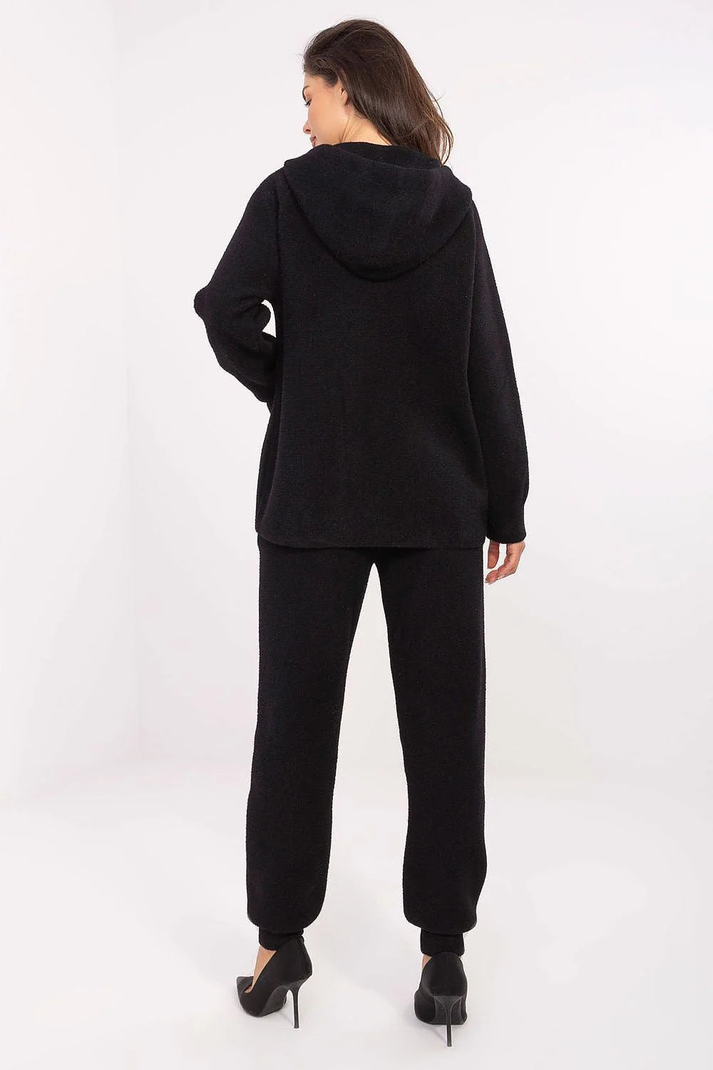 ensemble femme sweat capuche zippé jogger noir maille teddy bouclette angora laine viscose poches plaquées taille haute zip bordcôtes chevilles