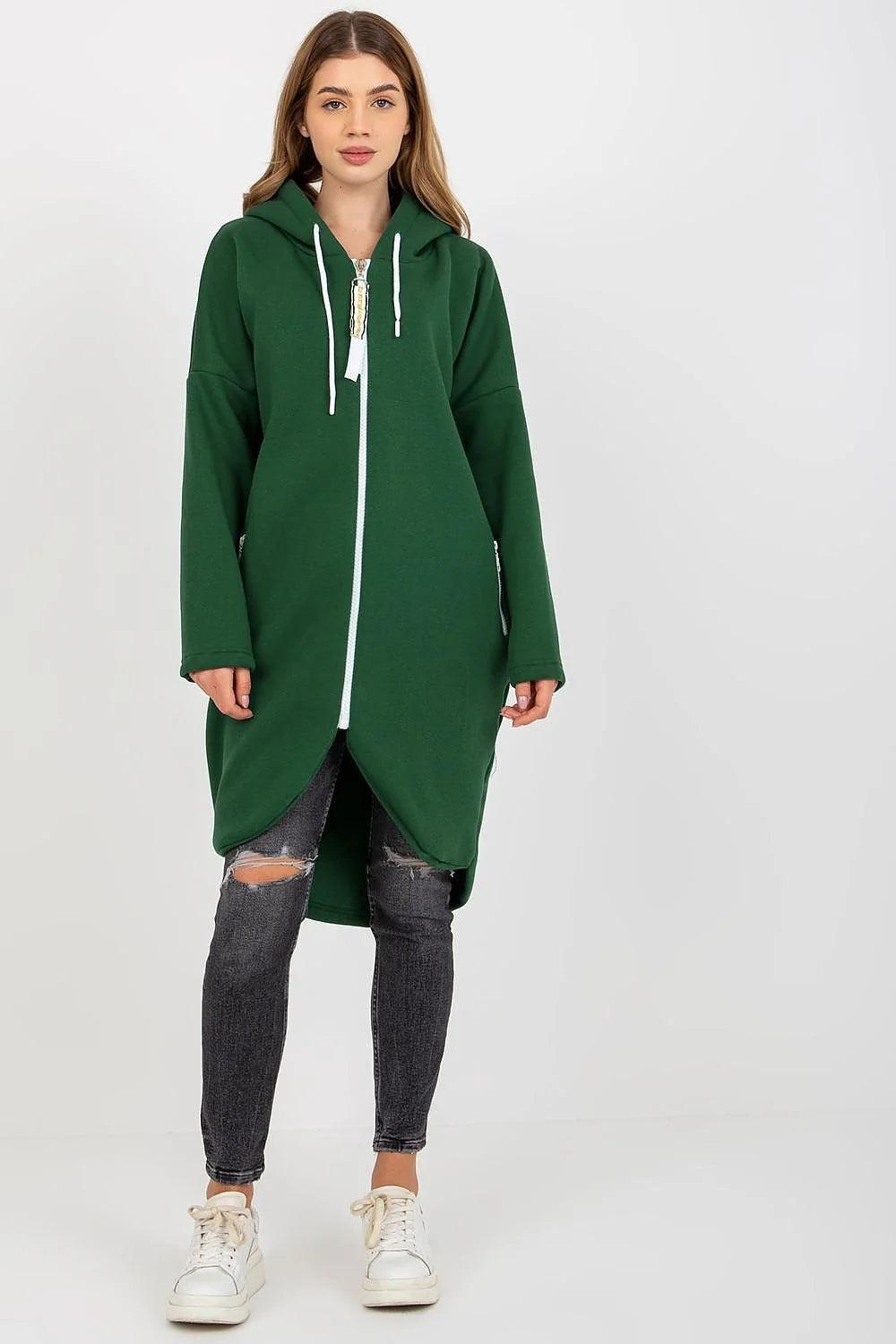 Sweatshirt pour femme coupe longline manches longues capuche fermeture éclair coton élasthanne beige sable