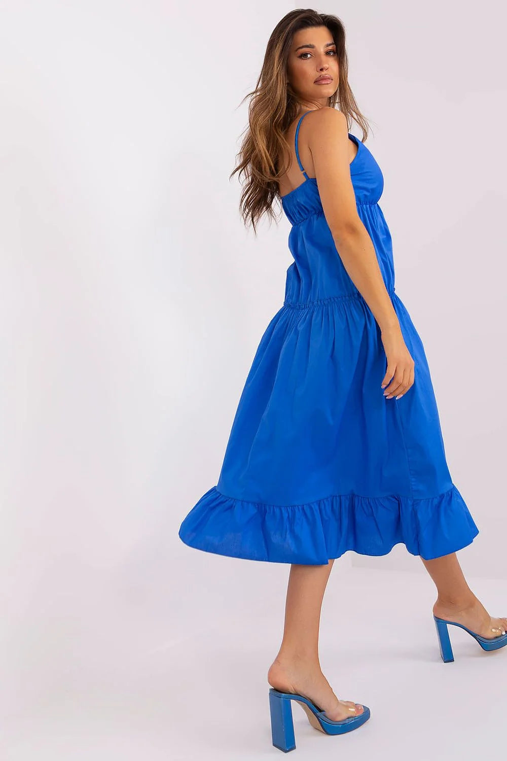 Robe de jour Och Bella bleu vif décontractée encolure V profond bretelles ajustables jupe évasée coton 98% elasthanne 2% femme été