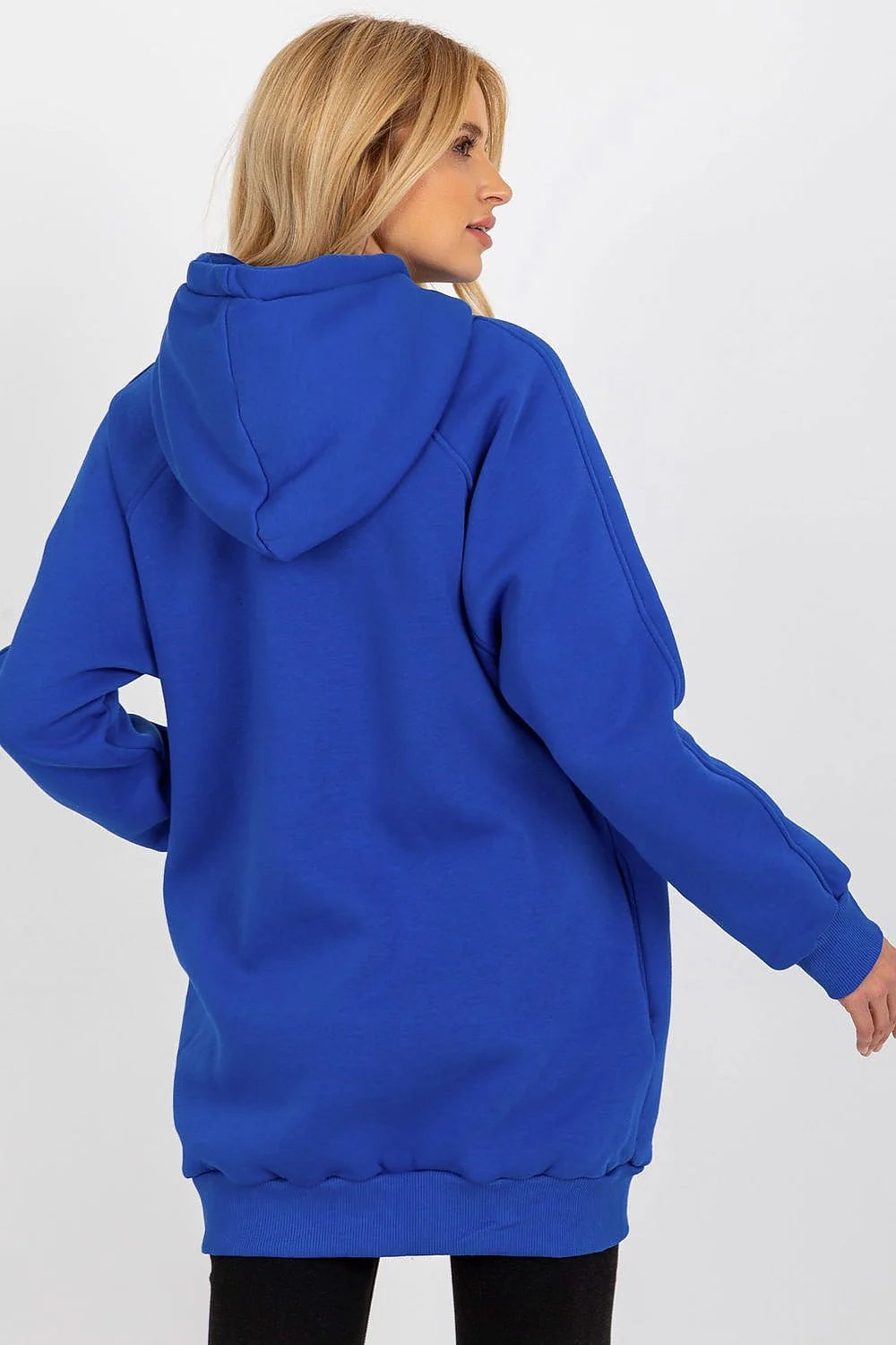 sweatshirt long femme oversize capuche bleu électrique molleton doublure isolante coton polyester manches raglan cordon blanc poches latérales