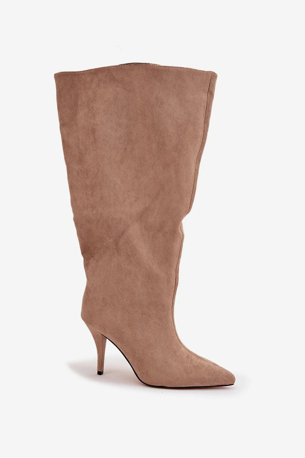 bottes hautes femme suédine taupe tige mi mollet slouch talon aiguille 9 5 cm bout pointu coupe fuselée élégante