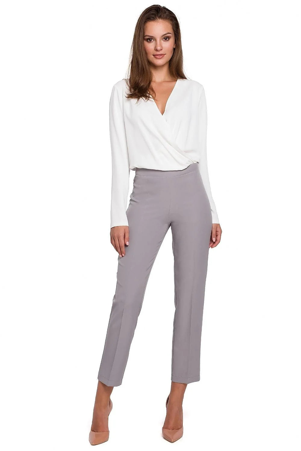 Pantalon cigarette femme polyester élasthanne élégant taille haute chic pour silhouette moderne et raffinée