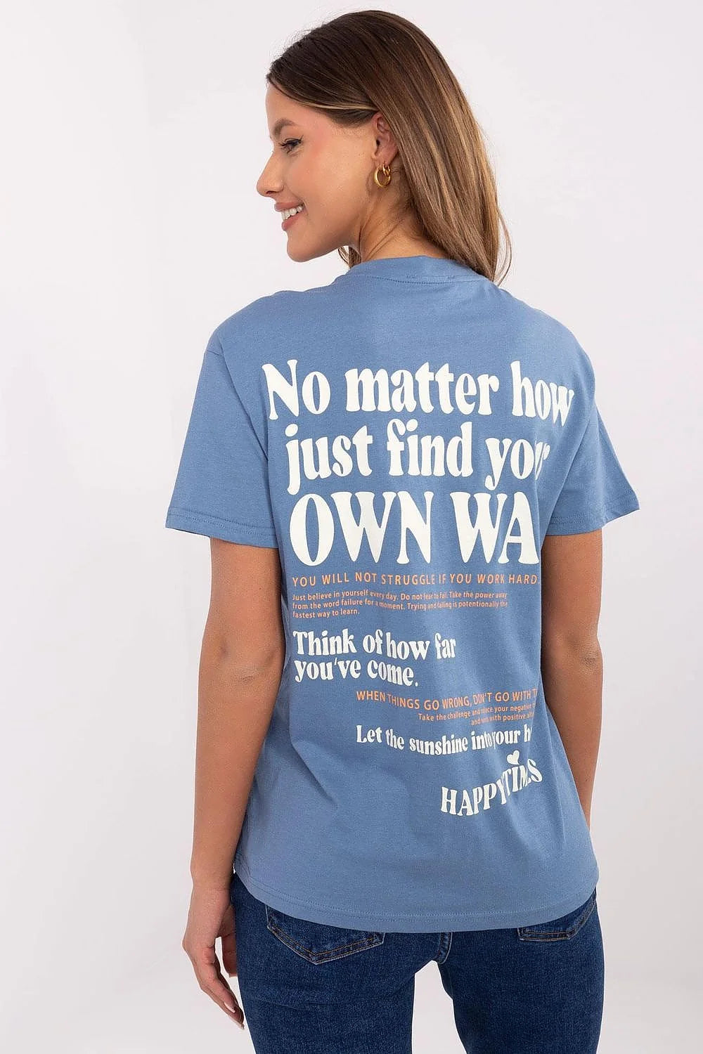 T-shirt femme simple et stylé couleur bleue motif Happy Times coton doux manches courtes col rond polyvalent occasion quotidienne