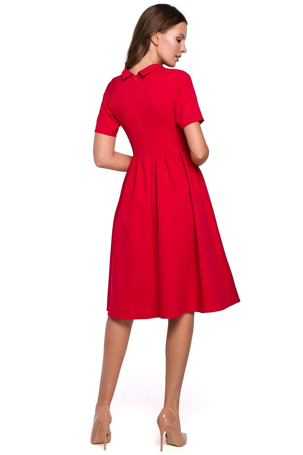 Robe en polyester élasthanne rouge vif élégante manches courtes col rond jupe évasée femme