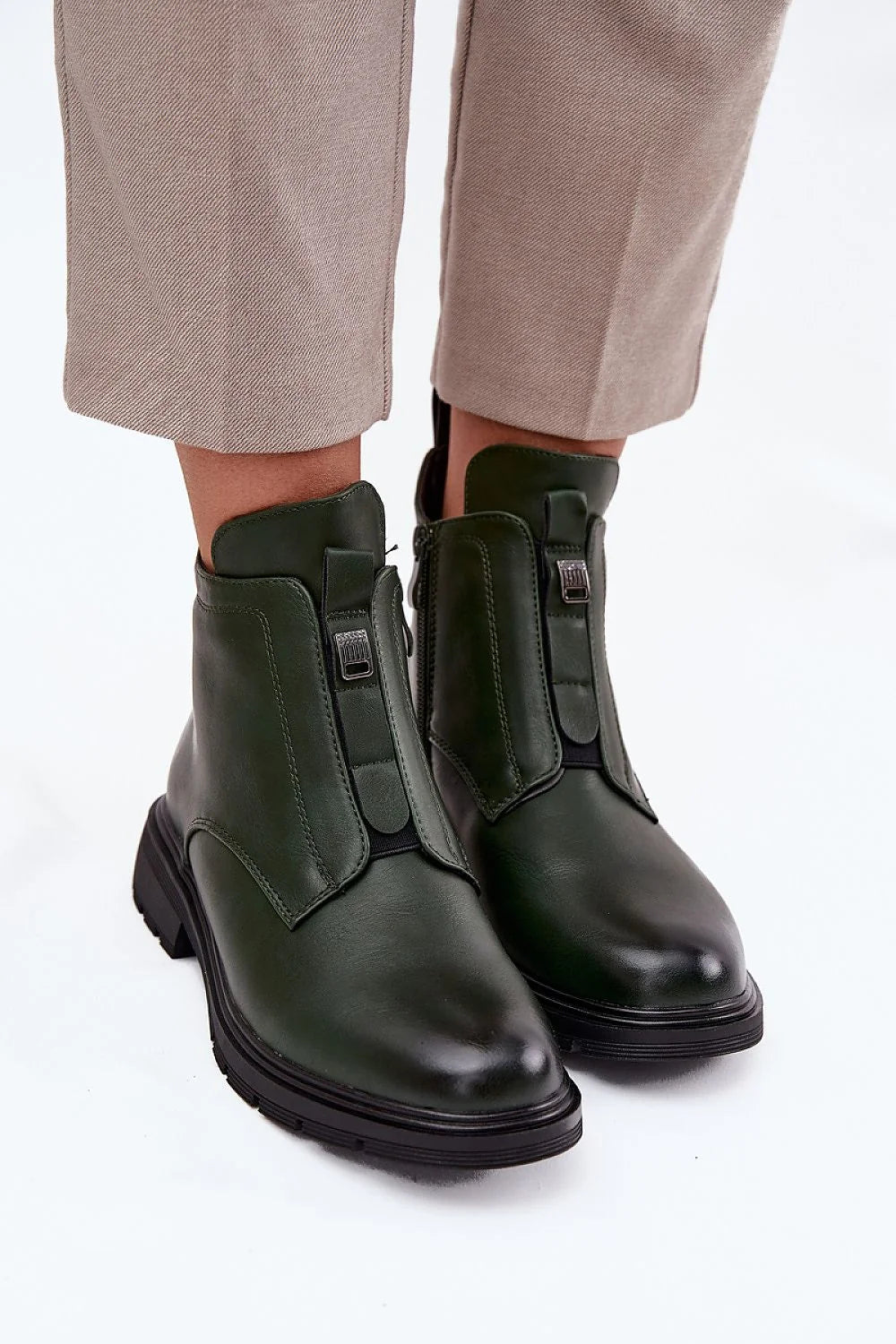 bottines femme Jezzi simili cuir vert foncé cheville bout arrondi semelle crantée épaisse talon plat 4cm fermeture éclair