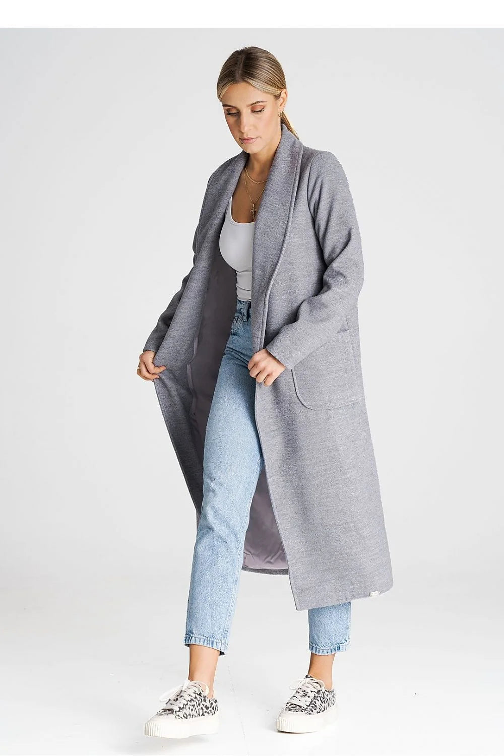 Cardigan long élégant pour femme en polyester et viscose, coupe droite, ceinture à nouer, poches latérales, couleur gris neutre
