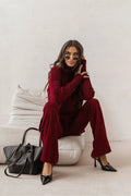 ensemble PRIAH bordeaux côtelée maille pull col roulé pantalon large coupe relaxed manches longues doux extensible confortable chic