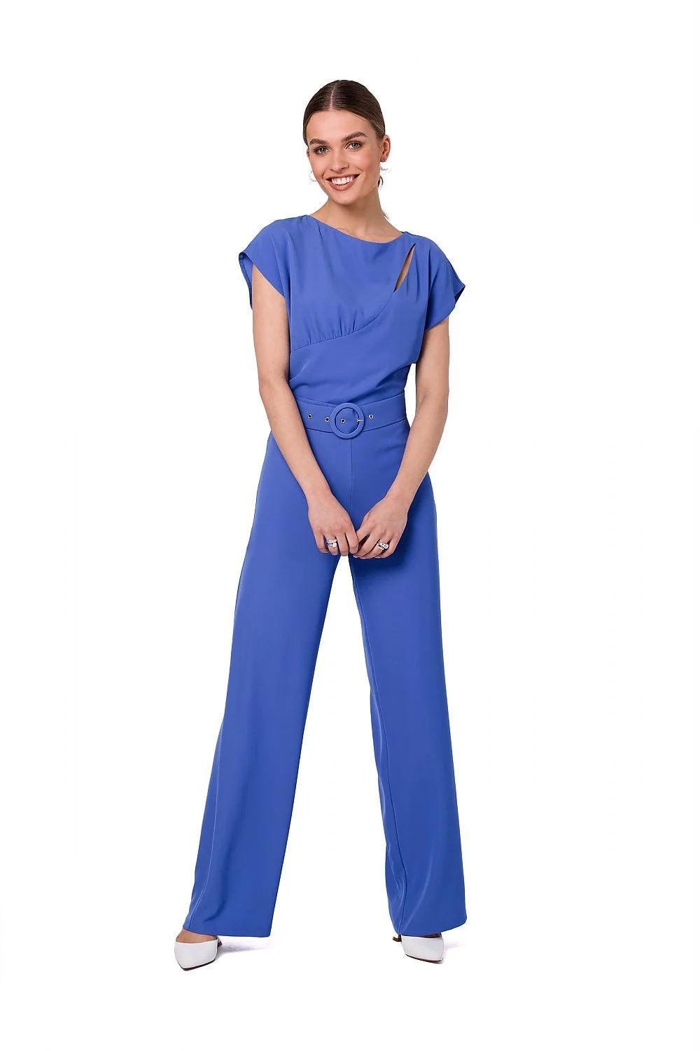 combinaison fuchsia asymétrique élégante fluide ceinturée taillehaute palazzo jambes larges encolure ronde manches courtes découpe poitrine subtile tissu polyester elasthanne