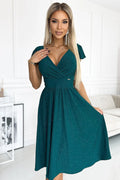 Robe de soirée élégante Numoco vert émeraude manches courtes encolure V croisée taille ajustable femmes