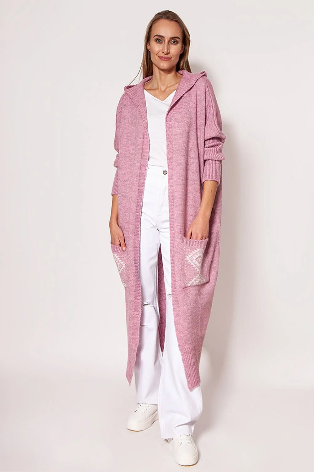 Cardigan pour femme en acrylique et laine, style décontracté, capuche et poches, longueur totale 120 cm