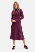 robe midi côtelée prune col montant manches longues ajustées découpe pouce taille marquée jupe évasée stretch maille coton élasthanne polonaise