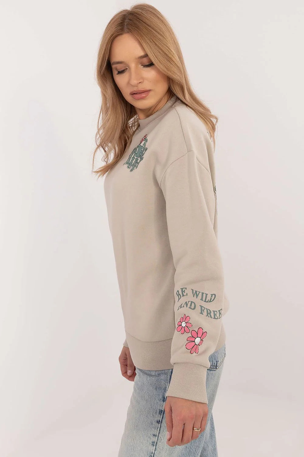 Sweatshirt Sublevel pour femme beige graphiques fleurs manches longues encolure ronde coton polyester