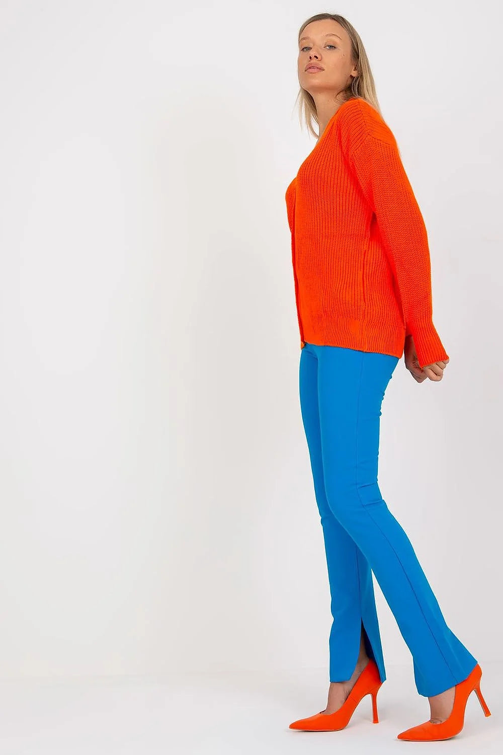 cardigan RueParis oversize maille côtelée orange vif col V boutons assortis manches longues coupe ample tombante tricot épais chaud
