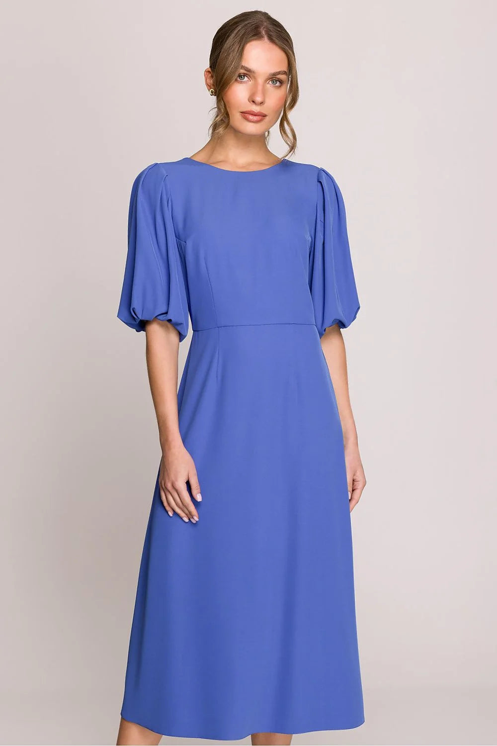 robe midi femme Stylove romantique manches bouffantes coude encolure ronde taille cintrée jupe évasée doublée fluide élégante cérémonie soirée