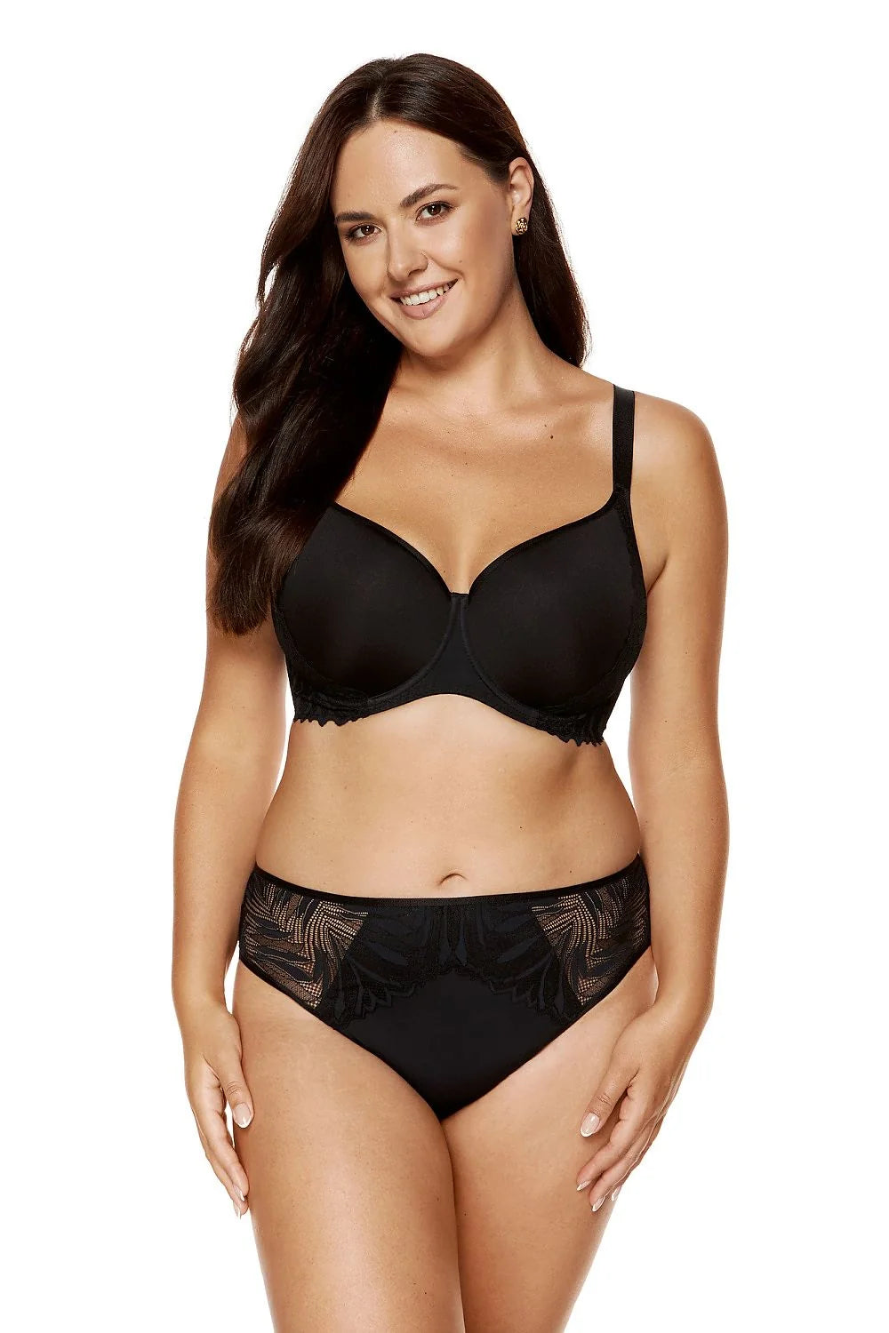 Ensemble de lingerie féminine élégant soutien-gorge à armatures dentelle florale culotte brésilienne noire matière stretch confort ajustable