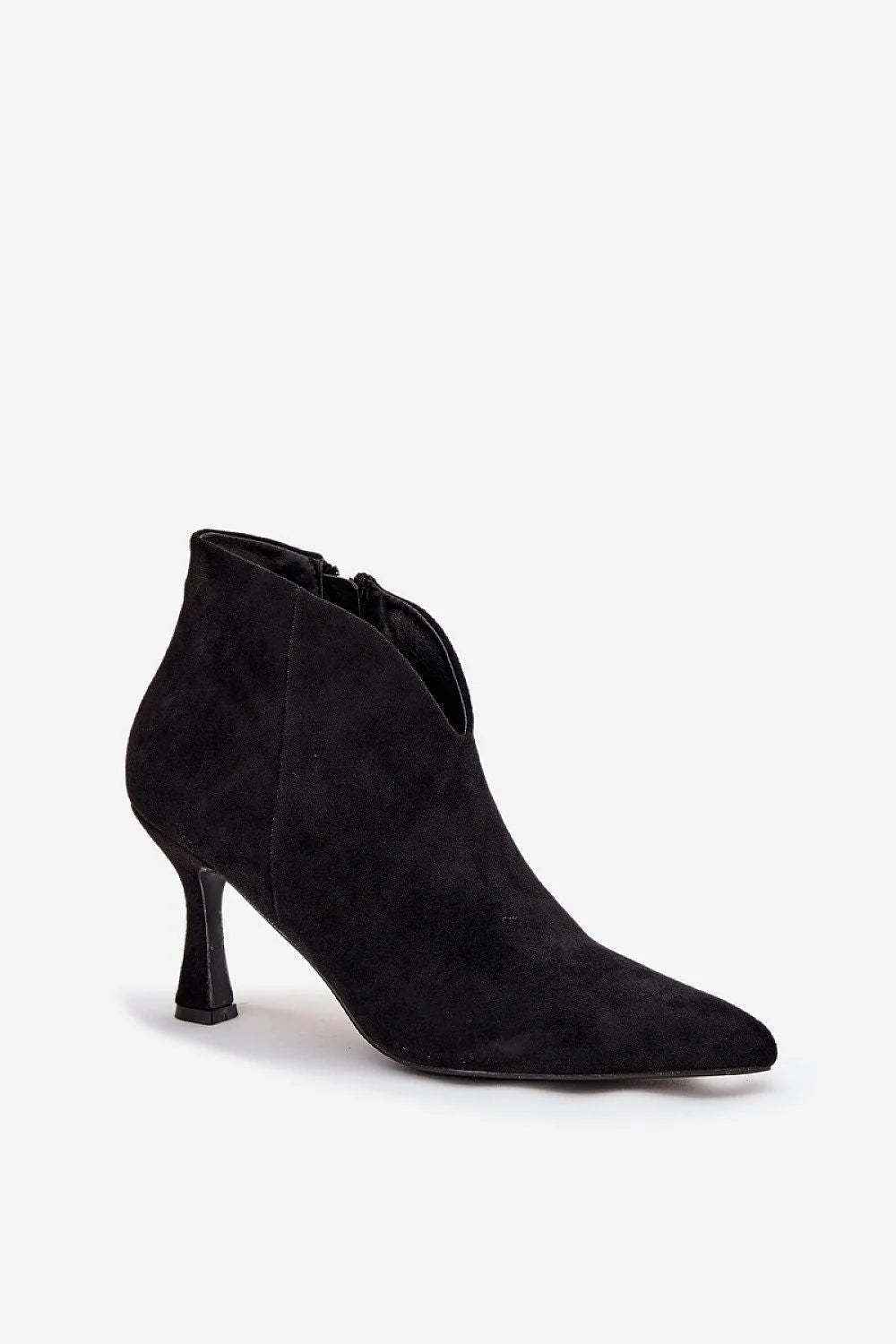 bottines femme suède écologique noir bout pointu silhouette fuselée talon mince 8cm tige asymétrique fermeture éclair latérale semelle fine élégantes