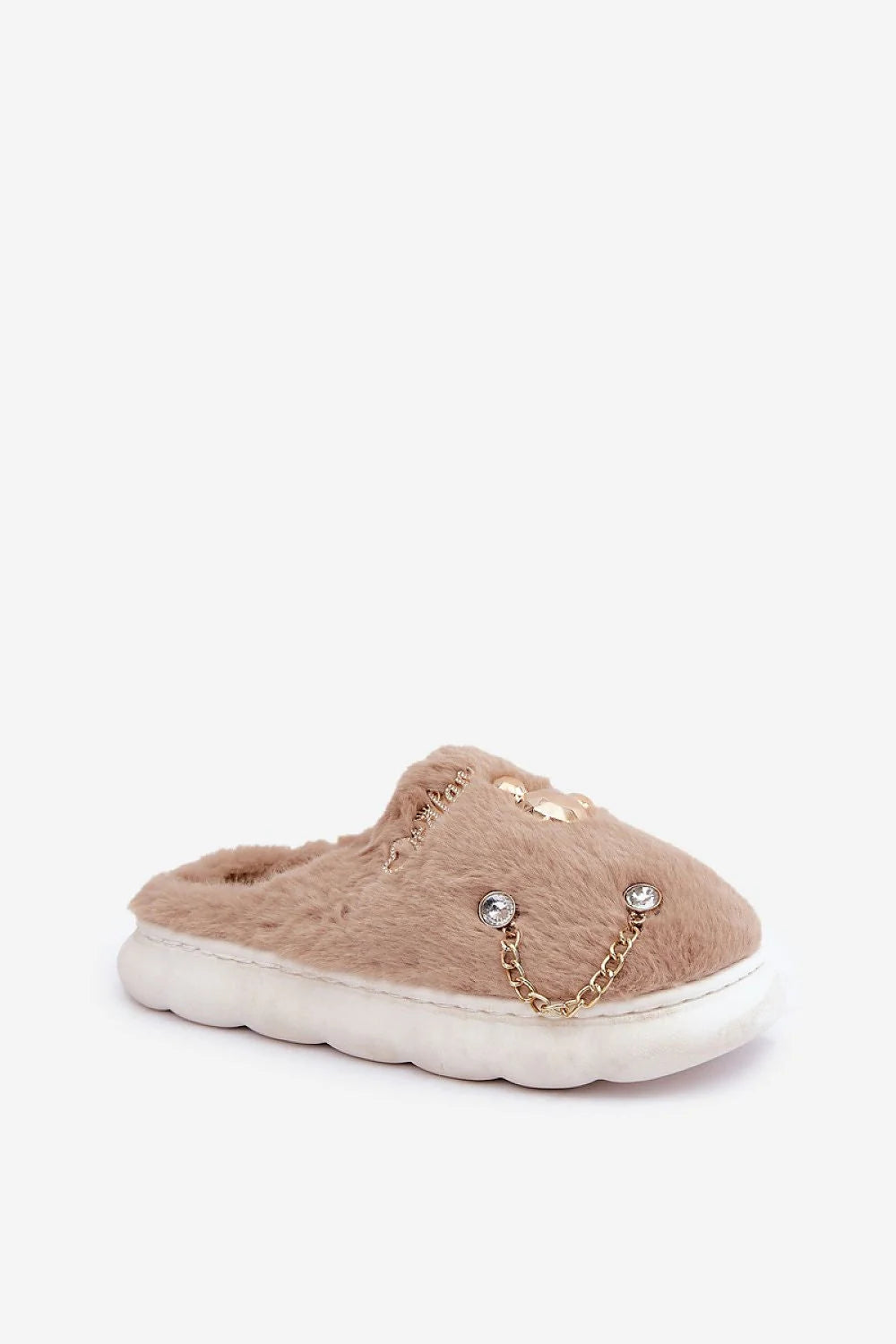 pantoufles mules femme intérieur fausse fourrure beige doublure pelucheuse semelle épaisse blanche profilée confort douillet ornementées dorées strass