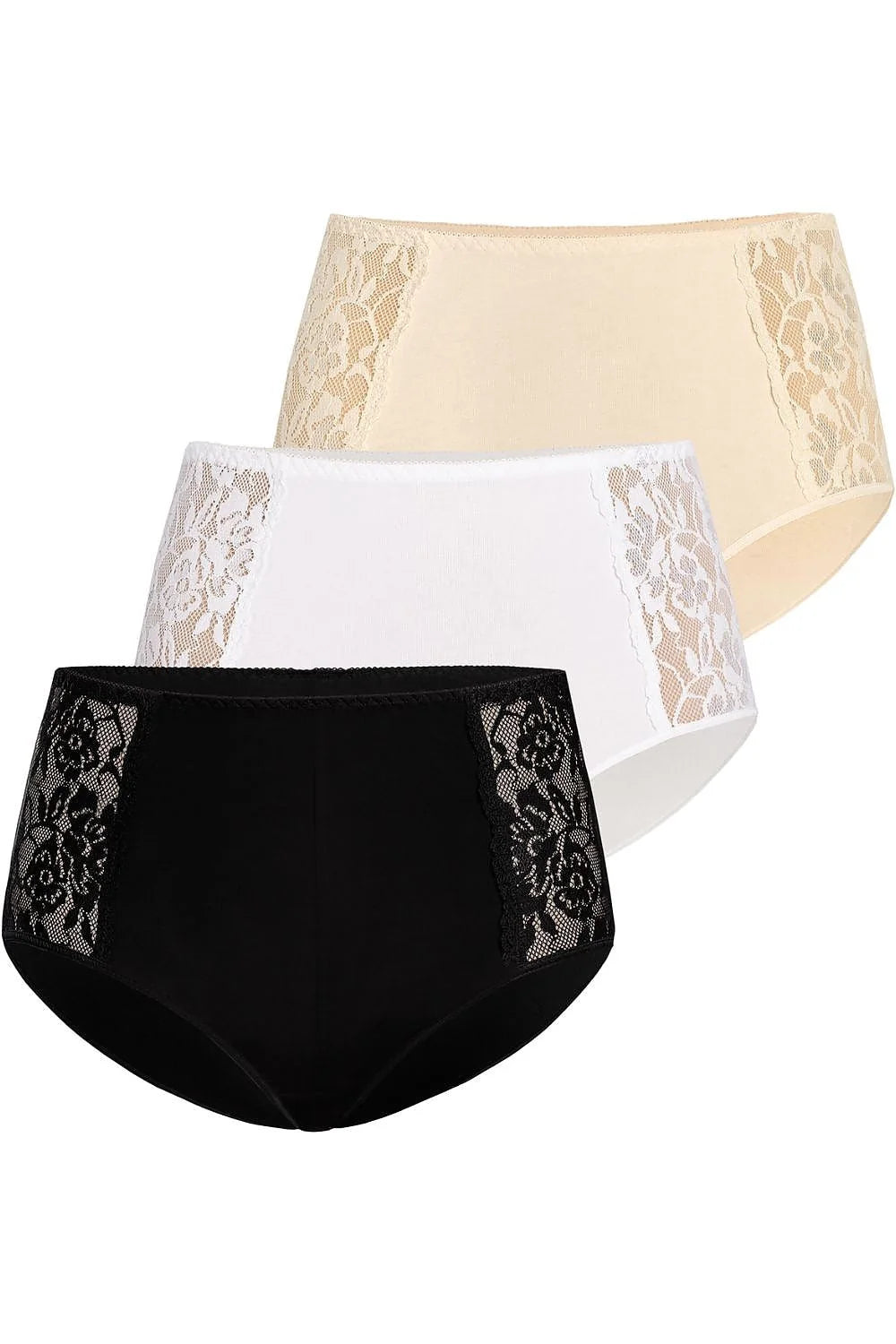 Culotte taille haute féminine rétro opacité et transparence panneaux dentelle noire beige blanc set 3 pièces