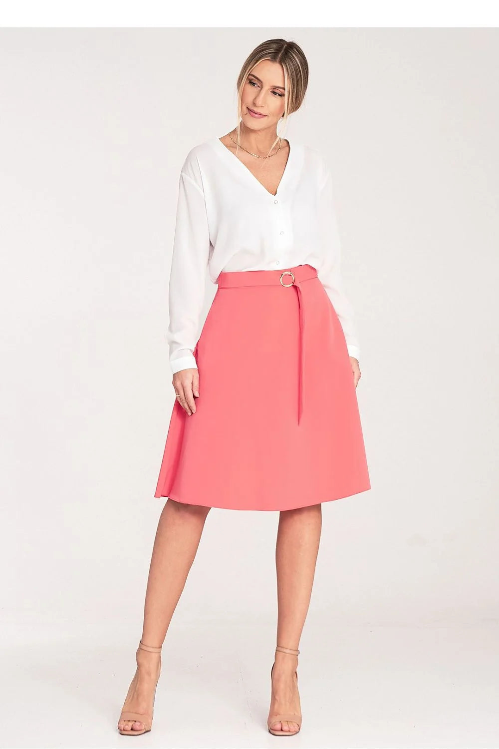 Jupe élégante longueur genou corail polyester viscose ceinture décorative poches latérales polyvalente femmes occasionnels