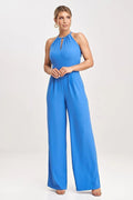 Combinaison sans manches élégante pour femme en polyester, style moderne, couleur bleu vif, occasion semi-formelle ou formelle, coupe ajustée buste, jambes larges, fermeture éclair dos, poches fendues, taille S/M/L/XL