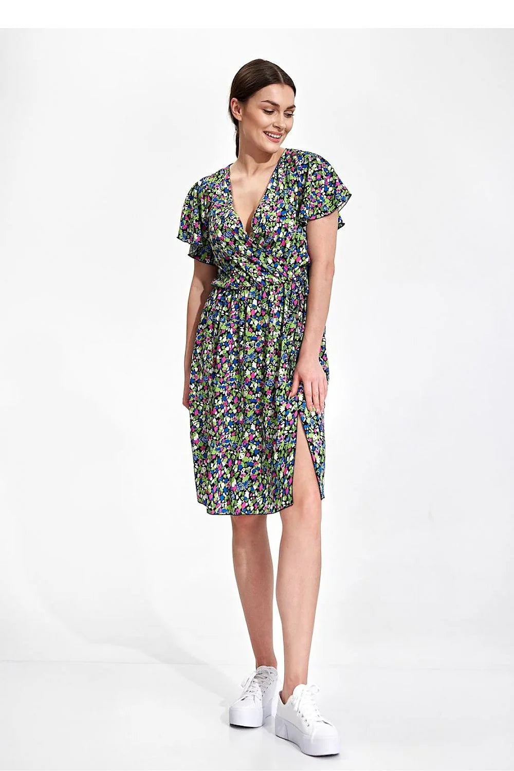 Robe d'été à motifs floraux colorés en viscose, manches courtes en volants, taille élastique, occasion jour/fête, femme S/M-L/XL
