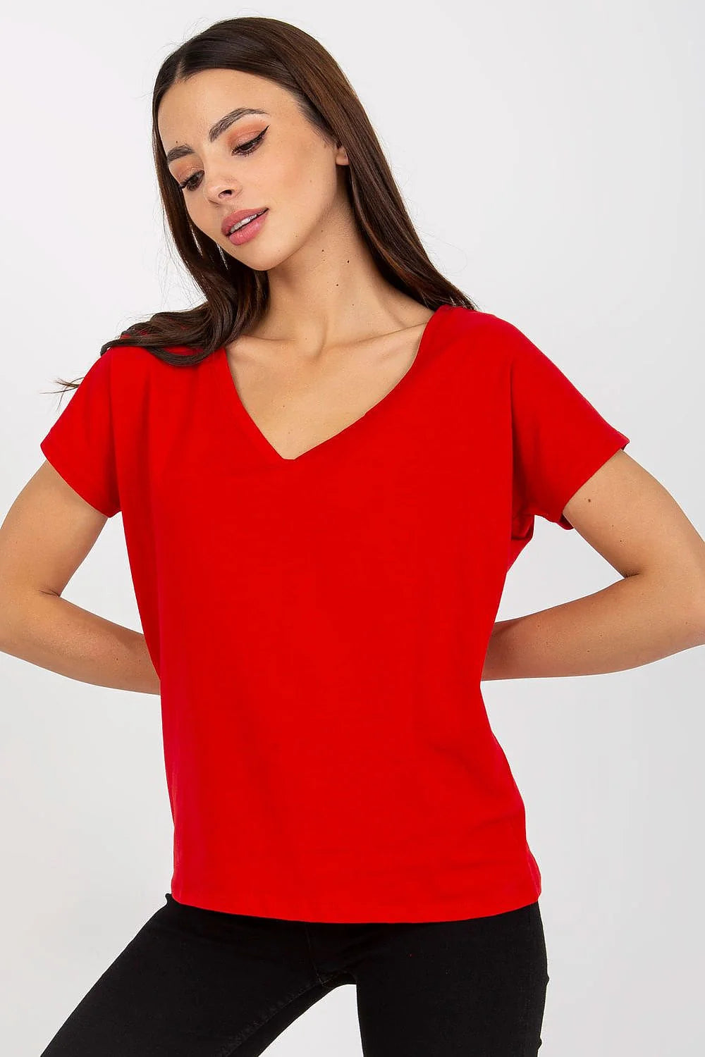 T-shirt femme décontracté couleur marron terre V-neck coton élasthanne loose quotidien