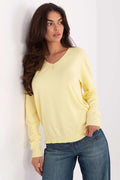 pull femme maille fine jaune pastel manches longues col V côtelées poignets ourlet extensible viscose élasthanne