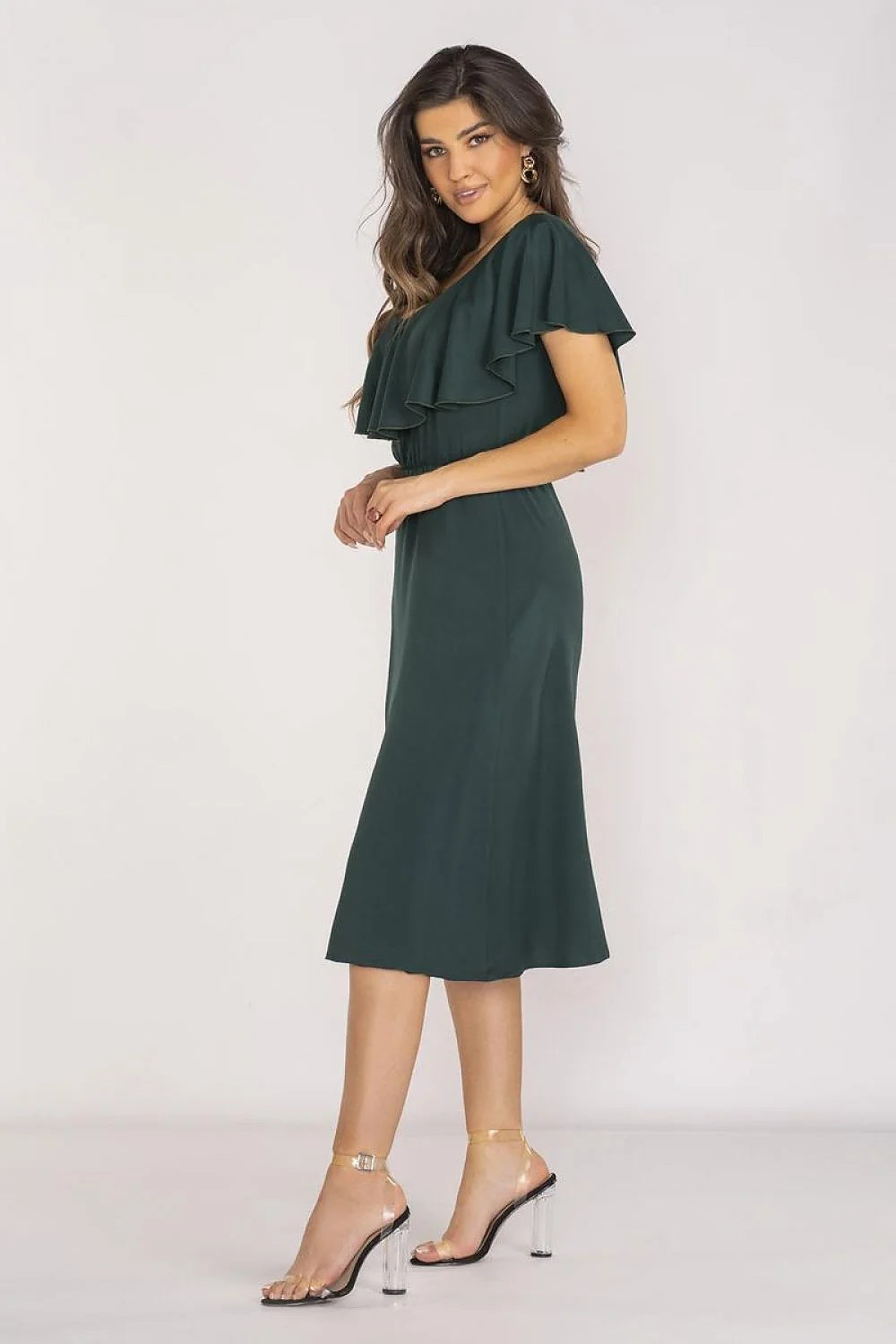 Robe élégante pour femme en vert foncé, manches courtes à volants, encolure en V, taille élastique, robe midi pour jours de fête
